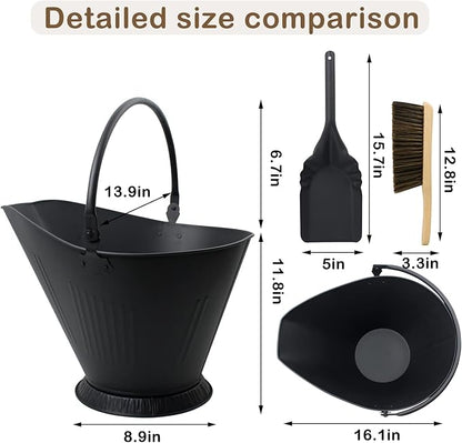Poofzy Ash Bucket for Fireplace, 3.2 Gallon Metal Fireplace Ash Bucket for Wood Stove, Includes Shovel, Broom and Gloves Indoor & Outdoor