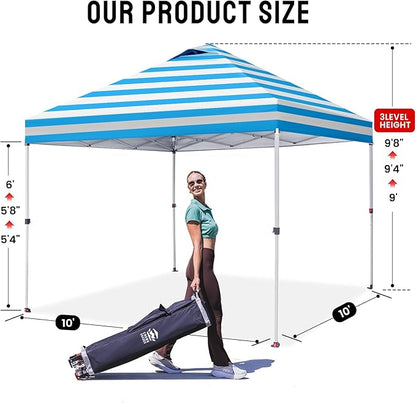 CROWN SHADES 10x10 Pop Up Canopy - Beach Tent with One Push Setup - Outdoor Sun Shade for Events, Parties, Camping - STO-N-Go Cover Bag, Silver Coated Top, 3 Height& 4 Sand Bags, Sky Blue Stripes