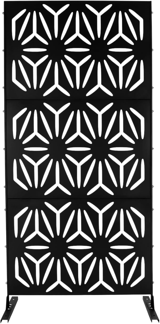 75" H×35" W Decorative Outdoor Privacy Screen with Stand, Outdoor Decor Privacy Fence Screen Metal Fence Panels, Free Standing Metal Divider for Patio Lawn Deck (Black-Flower)