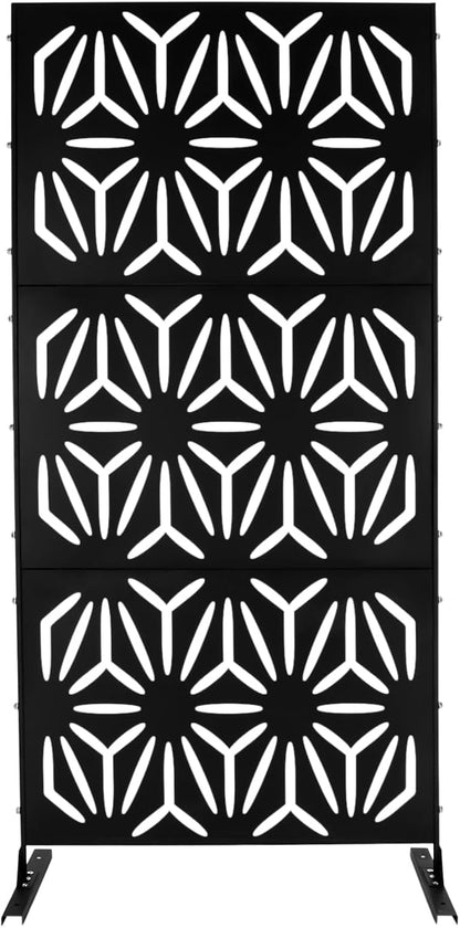 75" H×35" W Decorative Outdoor Privacy Screen with Stand, Outdoor Decor Privacy Fence Screen Metal Fence Panels, Free Standing Metal Divider for Patio Lawn Deck (Black-Flower)