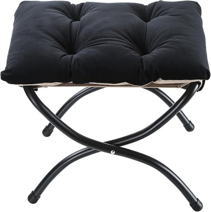 15" Foldable Foot Stool Ottoman with Metal Frame - Washable Black Upholstered Indoor/Outdoor Footrest for Living Room, Bedroom, Patio - Space-Saving Compact Design