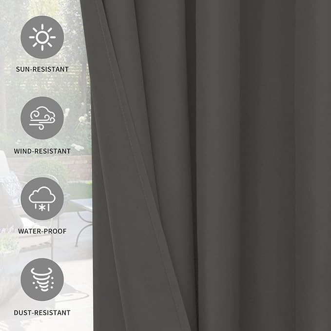 Easy-Going 100% Waterproof Outdoor Curtains 54x96 inch, Dark Grey | Windproof - Image 5