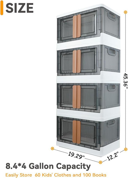 Storage Bins, Plastic Cabinet, 8.4 Gallon Capacity (32L Per One), 4 Pack, Stackable Collapsible Drawer, with Door and Buckle, Organizer for Home and Office, Transparent