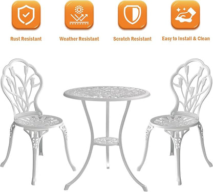 Outdoor Bistro Table and Chairs Set of 2, 3 Piece Patio Bistro Set w/Umbrella Hole, Rust-Resistant Cast Aluminum Bistro Set for Garden/Balcony/Backyard, White