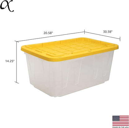CX BLACK & YELLOW, 27-Gallon Heavy Duty Clear Storage Container & Snap-Tight Lid, Clear & Yellow (14.3H x 20.6W x 30.6D), Weather-Resistant, Stackable, See-Through Organization Tote [4 Pack]