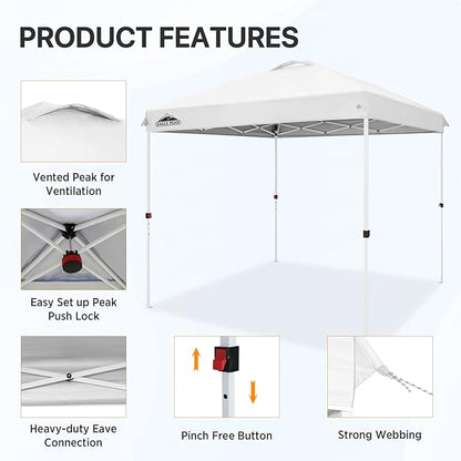 EAGLE PEAK Pop Up Canopy Tent with Wheeled Carry Bag, 8 Stakes, 4 Ropes, Easy Set Up Tent Canopy, 8x8 ft White