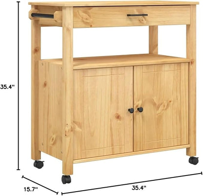 Kitchen Trolley Monza Rolling Kitchen Island Cart with Storage, Portable Dining Room Serving Utility Carts, Brown 33.1" x 15.7" x 35.4" Solid Wood Pine KH79A