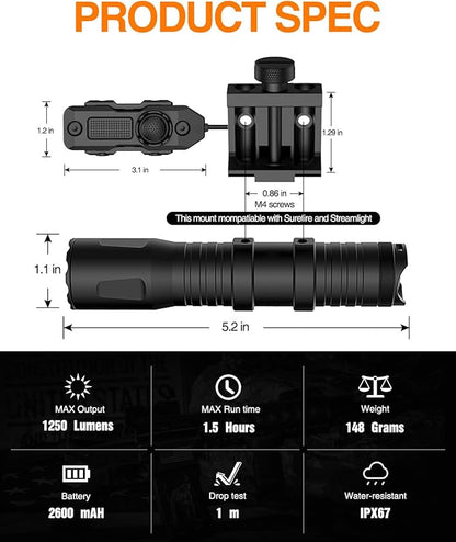 TOUGHSOUL Mlok Picatinny Tactical Flashlight 1250 Lumens, Rechargeable Flashlight with Remote Pressure Switch LED Light with Rechargeable Batteries and Charger Included (Picatinny Mounted)