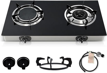2 Burner Propane Gas Stove, 20472 BTU/h Portable Tempered Glass Camping Stove with Infrared and Blue Flame, Auto-Ignition, Portable BBQ Propane for Cooking, Outdoor, Camping, RV & Emergency Use
