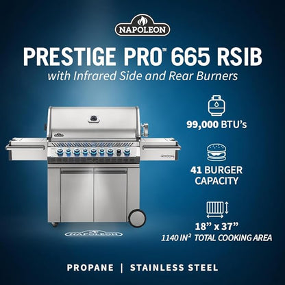 Napoleon PRO665RSIBPSS-3 Prestige PRO 665 RSIB Propane Gas Grill, sq.in. + Infrared Side and Rear Burners, Stainless Steel