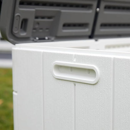 100 Gallon Plus Resin Deck Box, Waterproof Outdoor Storage Box for Patio Furniture, Garden Tools, and Pool Accessories, Lockable UV-Resistant Storage Bin Bench Cabinet for Outside, White