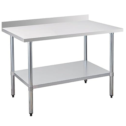Stainless Steel Work Table 30 x 48 Inch, NSF Commercial Prep Table with Undershelf, Heavy Duty Food Prep Workstation with Backsplash