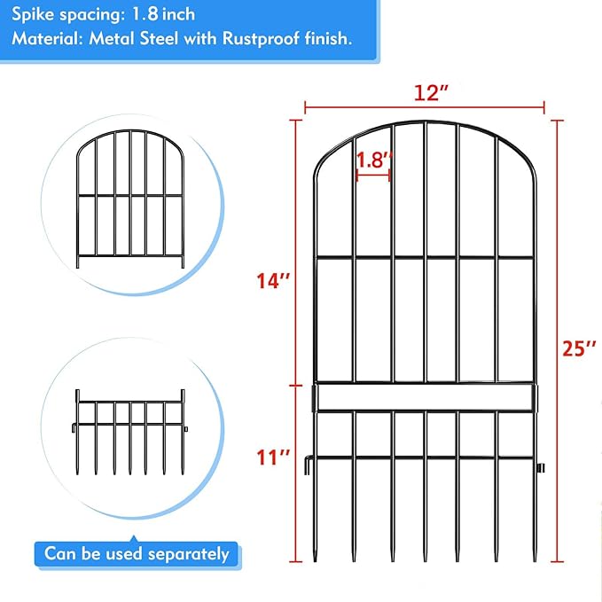 Adavin Animal Barrier Garden Fence,10 Pack Black 12''L x 25" H no dig Fence, Underground dig Protection for Dog Rabbits Rustproof Metal Wire Panel Border, 10 ft Ground Stakes for Outdoor Patio