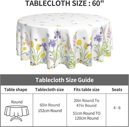 Spring Easter Round Tablecloth 60 Inch, Bunny Colorful Flower Butterfly Decorative Tablecloths Stain Resistance Polyester Rabbit Floral Table Cloth for Holiday Parties Kitchen Dining