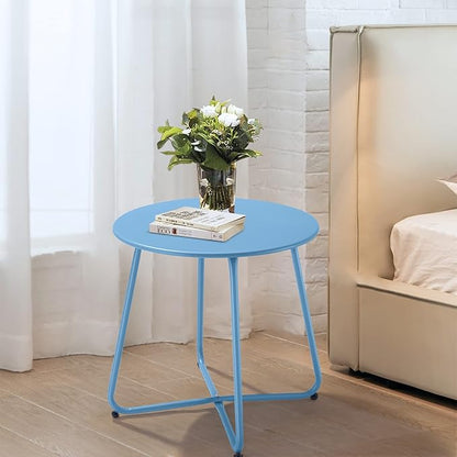 Small Patio Side Table, Round Metal Side Table, Weatherproof, Portable, Outdoor End Table for Garden, Balcony, Yard (Peacock Blue)
