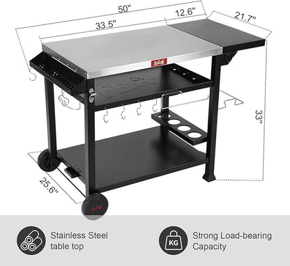 Outdoor Grill Cart, Pizza Oven Table Stand for Outdoor Indoor, 40" x 26" Stainless Steel Tabletop Dining BBQ Grill with Wheels for Food Prep, 3-Shelf Kitchen Cart Table