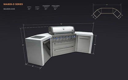 Mont Alpi 44-Inch MAi805-D45 Deluxe 45 Degree 6-Burner 115000 BTU Deluxe Stainless Steel Island Outdoor Kitchen Gas Barbecue Grill w/Granite Countertops & Sides + Storage Drawers & Cabinets