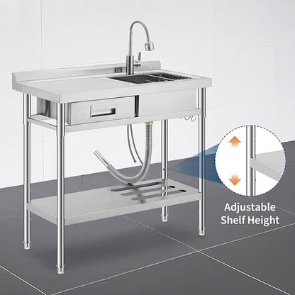 Freestanding Stainless Steel Utility Sink with Workbench, Left Drawer,39" Commercial Kitchen Sink with Faucet, Hot & Cold Water, Storage Shelf, S-Hook,Knife Holder, Adjustable Leg for Indoor Outdoor