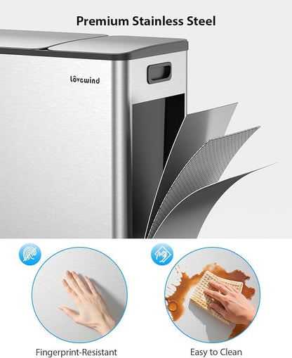 Lovewind Dual Trash Can, 14 + 6 Gallon Garbage Can for Kitchen Dual Compartment Recycling Kitchen Step Trash Bin, Stainless Steel Trash and Recycle Bin Combo with Soft-Close Lid, Silver