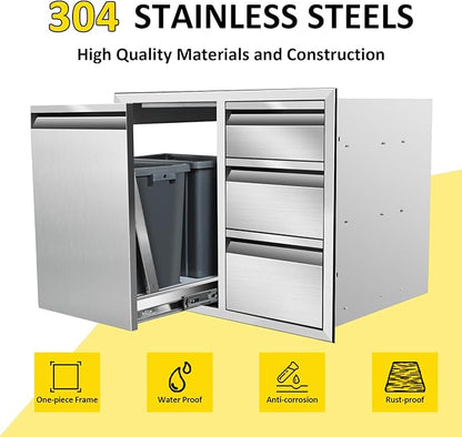 Outdoor Kitchen Door Drawer Combo Cabinet 28" W x 22" H x 19.5" D Stainless Steel Built-in Triple Drawers&Left Trash Drawer Combo Cabinet for Outdoor Kitchen Island, Patio Grill Station