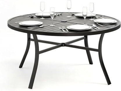 PHI VILLA Outdoor Round Dining Table for 6, 54" Large Metal Wrought Iron Table with Umbrella Hole, All Weather Furniture for Patio, Deck, Yard, Porch - Black