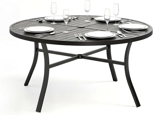 PHI VILLA Outdoor Round Dining Table for 6, 54" Large Metal Wrought Iron Table with Umbrella Hole, All Weather Furniture for Patio, Deck, Yard, Porch - Black