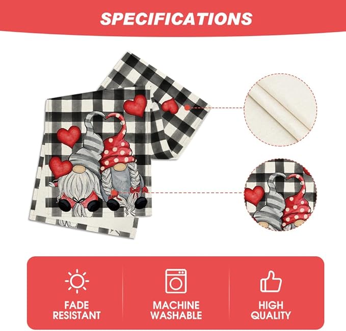 Artoid Mode Watercolor Buffalo Plaid Hearts Gnomes Love Valentine's Table Runner, Seasonal Anniversary Wedding HoliKitchen Dining Table Decoration for Indoor Outdoor Home Decor 13 x 60 Inch