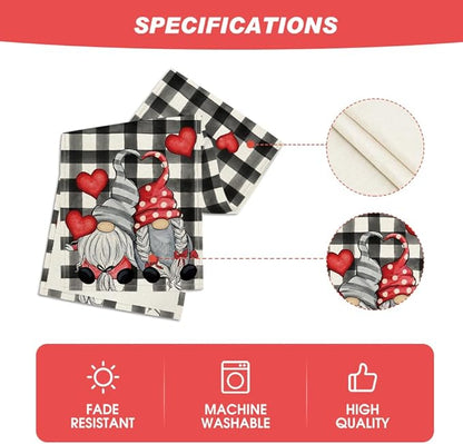 Artoid Mode Watercolor Buffalo Plaid Hearts Gnomes Love Valentine's Table Runner, Seasonal Anniversary Wedding HoliKitchen Dining Table Decoration for Indoor Outdoor Home Decor 13 x 120 Inch