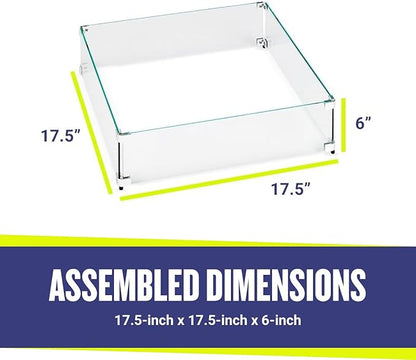 American Fireglass Tempered Glass Flame Guard for 12" Square Drop-in Fire Pit Pans | Outdoor Wind Guard with Aluminum Fire-Resistant Brackets & Non-Slip Feet | 17.5-inch x 17.5-inch x 6-inch
