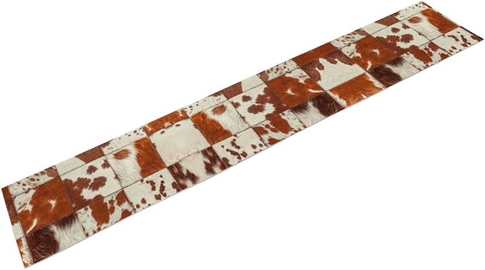 Cow Print Table Runner, Brown Cowhide Print Collage Fur Western Style Table Runner Country Farmhouse Cottage Cow Pattern Linen Table Decoration for Home Kitchen Dining 13x36