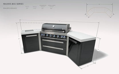 Mont Alpi MAi805-BSS45 44-inch 6-Burner 115000 BTU 45 Degree Black Stainless Steel Gas Outdoor Kitchen Bar Island Grill w/Infrared Side & Rear Burners + Granite Countertops + Storage Drawers