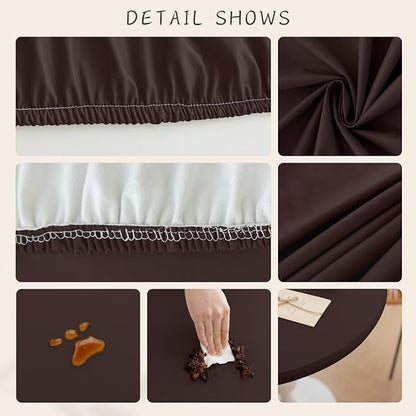 Round Fitted PU Tablecloth with High Elastic Edge 55 Inch Dia Waterproof Oil Proof Table Cloth Anti-Scald Stain-Resistant Wipeable Table Cover for Indoor Outdoor Picnic (Coffee,55" Dia)