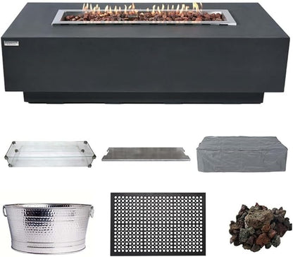 Elementi Granville Dark Grey Fire Pit Outdoor Firepit Set Includes 60” Natural Gas Concrete Firepit Table, Glass Windscreen, Stainless Steel & Canvas Cover, Floor Mat and Beverage Tub