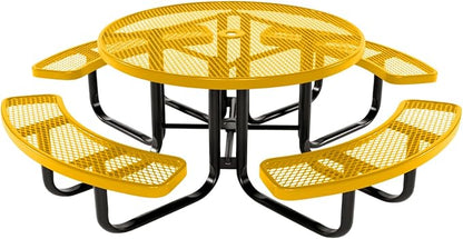 COATEDOUTDOORFURNITURE Heavy-Duty Portable Outdoor Kids Table with Umbrella Hole, Expanded Metal Kids Picnic Table, Commercial-Grade, Made in America (46 in, Round, Childrens, Yellow)