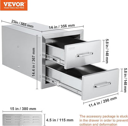 VEVOR Outdoor Kitchen Cabinets 14W x 14.3H x 23D Inch, BBQ Island Drawers Stainless Steel, Flush Mount Double with Handle, BBQ Island for Outdoor Kitchens or Grill Station