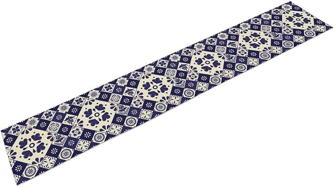 Mexican Table Runner, Blue Floral Birds Mexico Talavera Ceramic Dia De Los Muertos Coffee Table Center Decor for Family Home Kitchen and Dining Farmhouse Indoor Outdoor Table Decorations, 13" X 72"