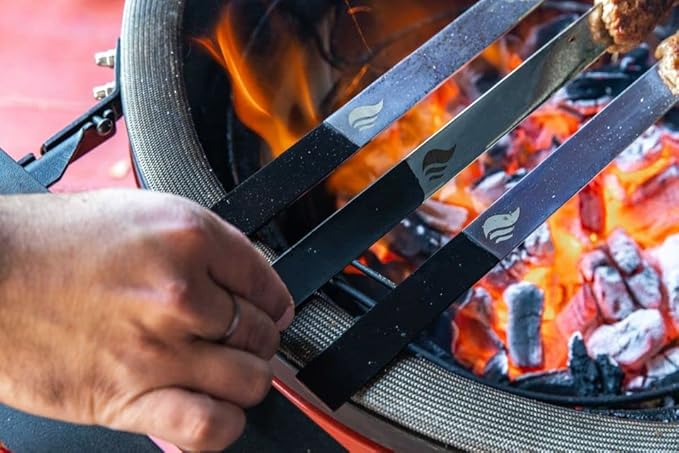 1” Wide Flat Cast Iron Skewers (Set of 5) – Heavy-Duty BBQ Sticks in 22”, 27”, 32” – Koobideh, Tandoori, Kebab Grilling – With Storage Bag – By India’s BBQ (22 inches)
