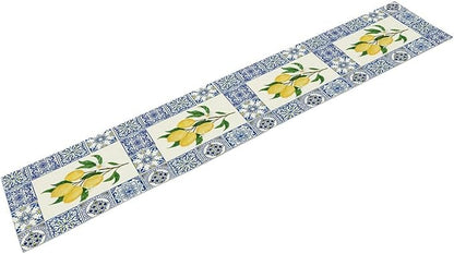 Yellow Lemon Table Runner, Blue Tiles Summer Holiday Tasty Fruit Healthy Fruit Vintage Watercolor Rustic Botanic Table Cover for Party Picnic Dining Room Kitchen, 13x90inch