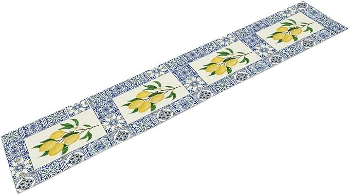 Yellow Lemon Table Runner, Blue Tiles Summer Holiday Tasty Fruit Healthy Fruit Vintage Watercolor Rustic Botanic Table Cover for Party Picnic Dining Room Kitchen, 13x60inch