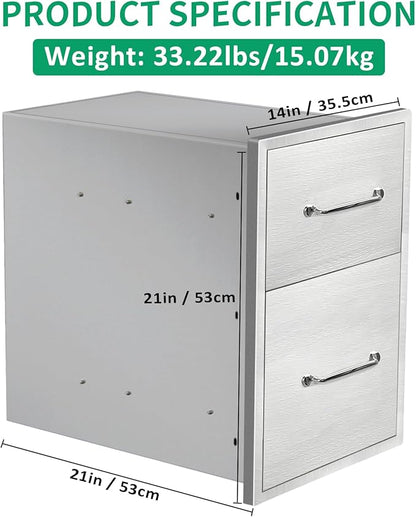 Outdoor Kitchen Drawers 14" W x 21" H x 21" D Stainless Steel Double Drawers with Ergonomic Handle for BBQ Island, Patio Grill Station & Outdoor Kitchen Cabinets