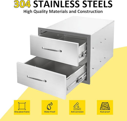 Outdoor Kitchen Drawers 18" W x 15" H x 23" D Flush Mount Double layer BBQ Drawers with Chrome Handle,Stainless Steel Built-in 2-Drawer for Outdoor Kitchen Island, Patio Grill Station