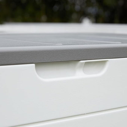 100 Gallon Plus Resin Deck Box, Waterproof Outdoor Storage Box for Patio Furniture, Garden Tools, and Pool Accessories, Lockable UV-Resistant Storage Bin Bench Cabinet for Outside, White