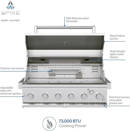 Spire Premium 6 Burner Built In Gas Grill Island Head, Stainless Steel 36 Inch Propane Grill with Rear Burner, 73,000 BTUs, 904 SQ In Racks with Dual Fuel Compatibility - 740-0781P