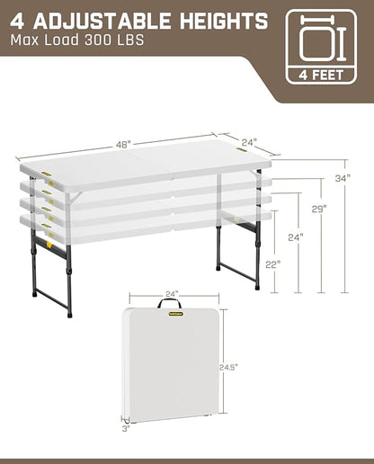 FanttikOutdoor 4ft Portable Folding Table, One-Handed Height Adjustment, 4 Heights, Gravity Lock, Carry Handle, Indoor Outdoor Heavy Duty Fold-in-Half Utility Table, Party, 1 Pack, White Zeta X4 Pro