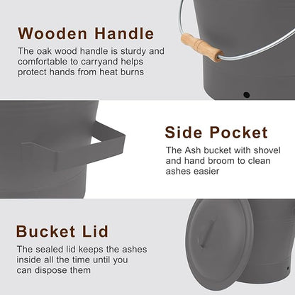 BRIAN & DANY Ash Bucket with Lid, 2.6 Gallon Fireplace Ash Bucket with Shovel and Hand Broom, Metal Bucket for Fireplace, Fire Pit, Wood Burning Stove, Gray