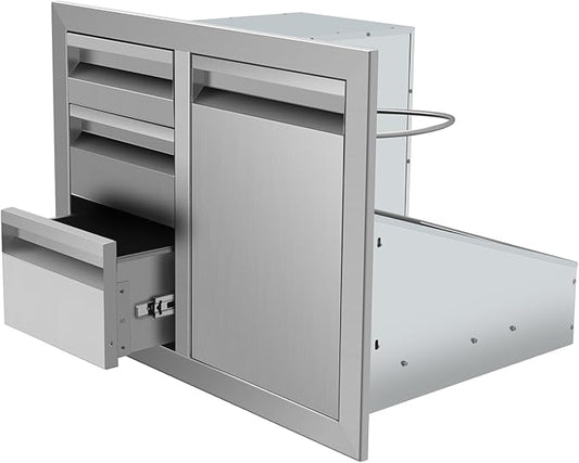 Outdoor Kitchen Drawer Combo, Stainless Steel Triple Drawers & 2 Trash Can Drawers, Enclosed Built-in Drawer Flush Mount For Outdoor Kitchens & BBQ Islands,G1
