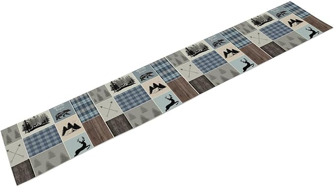 Rustic Bear Deer Table Runner, Blue Checkered Nature Forest Wildlife Farmhouse Cabin Country Table Runner for Outdoor Dining Kitchen Camping Party 13x108in
