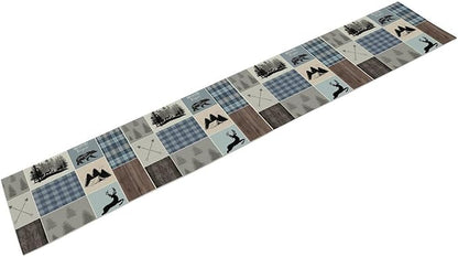 Rustic Bear Deer Table Runner, Blue Checkered Nature Forest Wildlife Farmhouse Cabin Country Table Runner for Outdoor Dining Kitchen Camping Party 13x120in