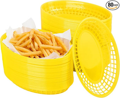 80 Pcs 9 x 5.7 Inch Reusable Oval Fast Food Baskets, Sturdy Plastic Serving Baskets for Fast Food, Parties, Picnics, BBQs and Snacks, by KUKLIPJIM.(Yellow)