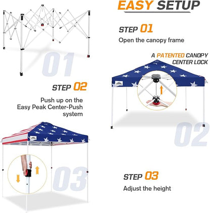 EAGLE PEAK Pop Up Canopy Tent with Wheeled Carry Bag, 8 Stakes, 4 Ropes, Easy Set Up Tent Canopy, 6.6x6.6 ft, American Flag